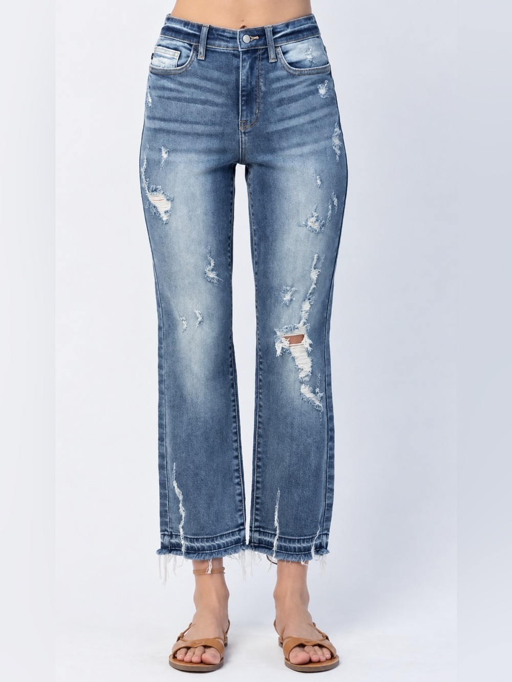 Judy Blue JB82436MD Sz 11/30 Distressed Straight Fit Medium Wash Jeans Fray Hem